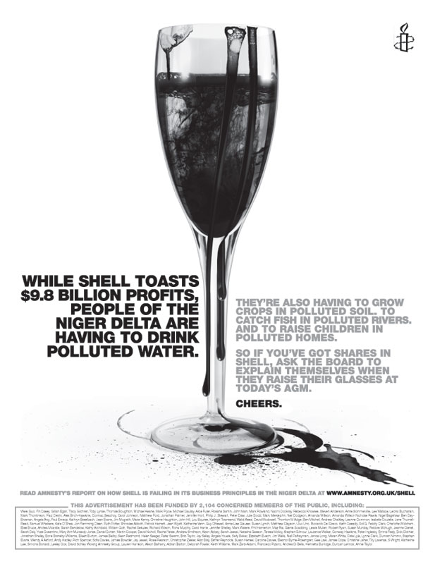 Amnesty shell oil buy share in advert champagne cheers