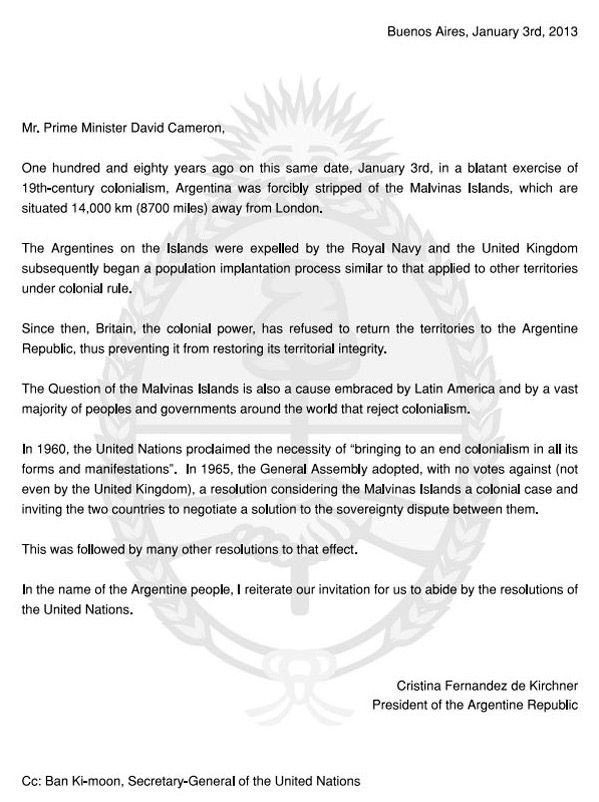 Argentine letter to David Cameron ad falklands