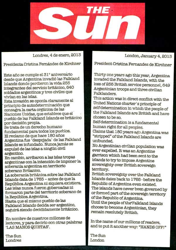 the sun letter to argentina falklands buenos aires herald