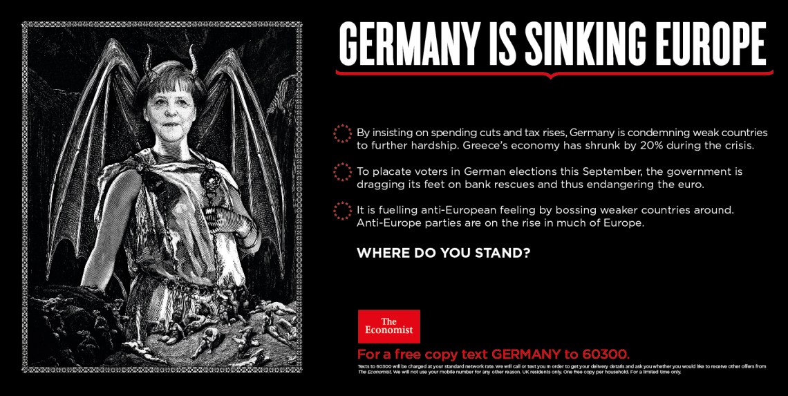 Economist where do you stand advert germany is sinking europe merkel devil