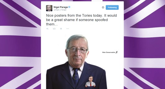 Farage tweet spoof tory poster eu cameron in juncker's pocket